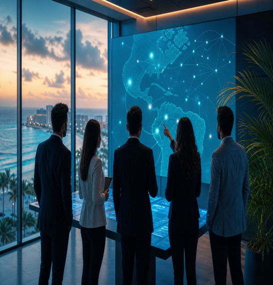 Equipo colaborando en red empresarial digital en Cancún